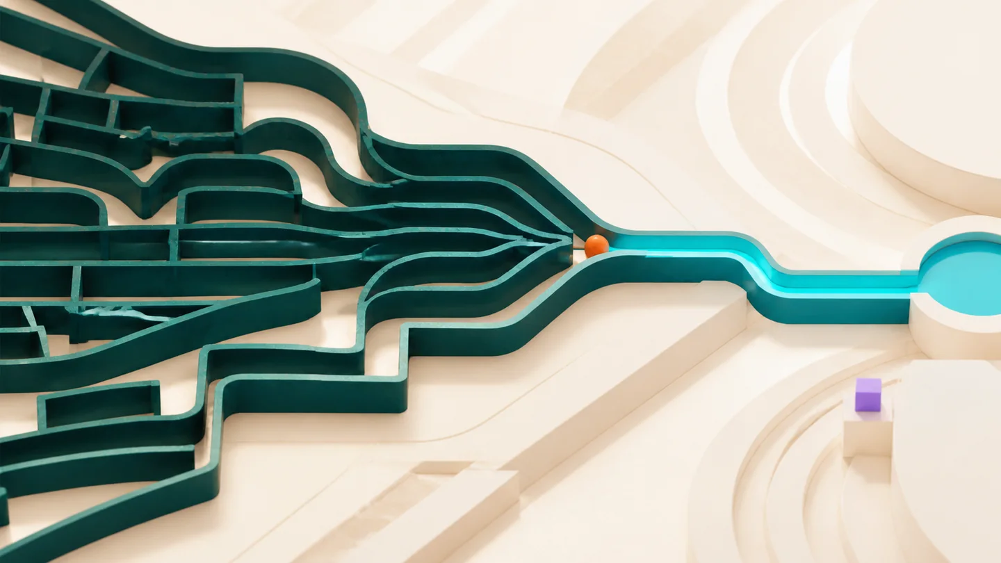 Complex deep-teal pathways converge into one clear aqua route