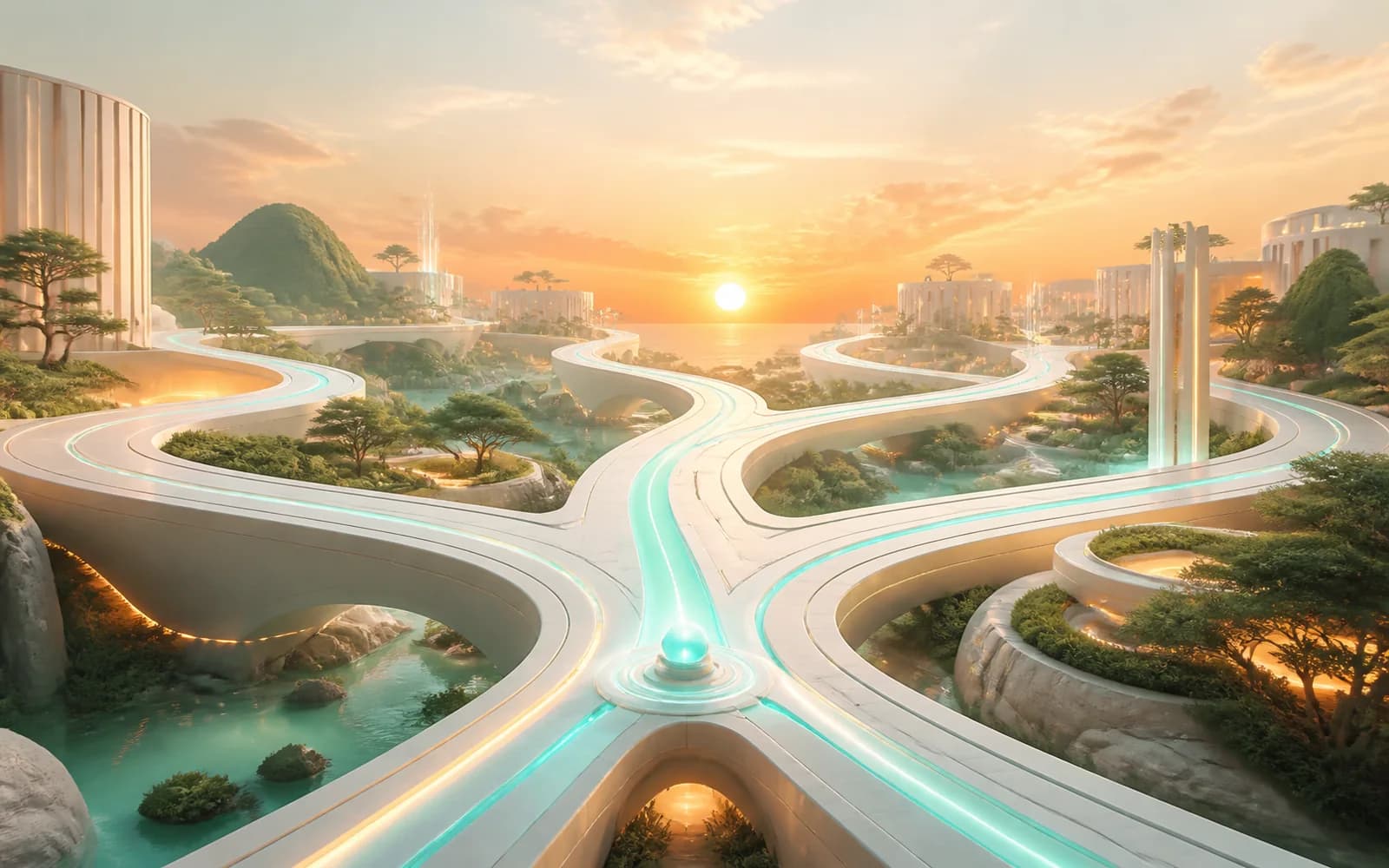 Warm architectural landscape with multiple pathways branching from one illuminated origin point